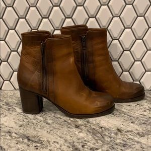 Cognac Frye double zip booties
